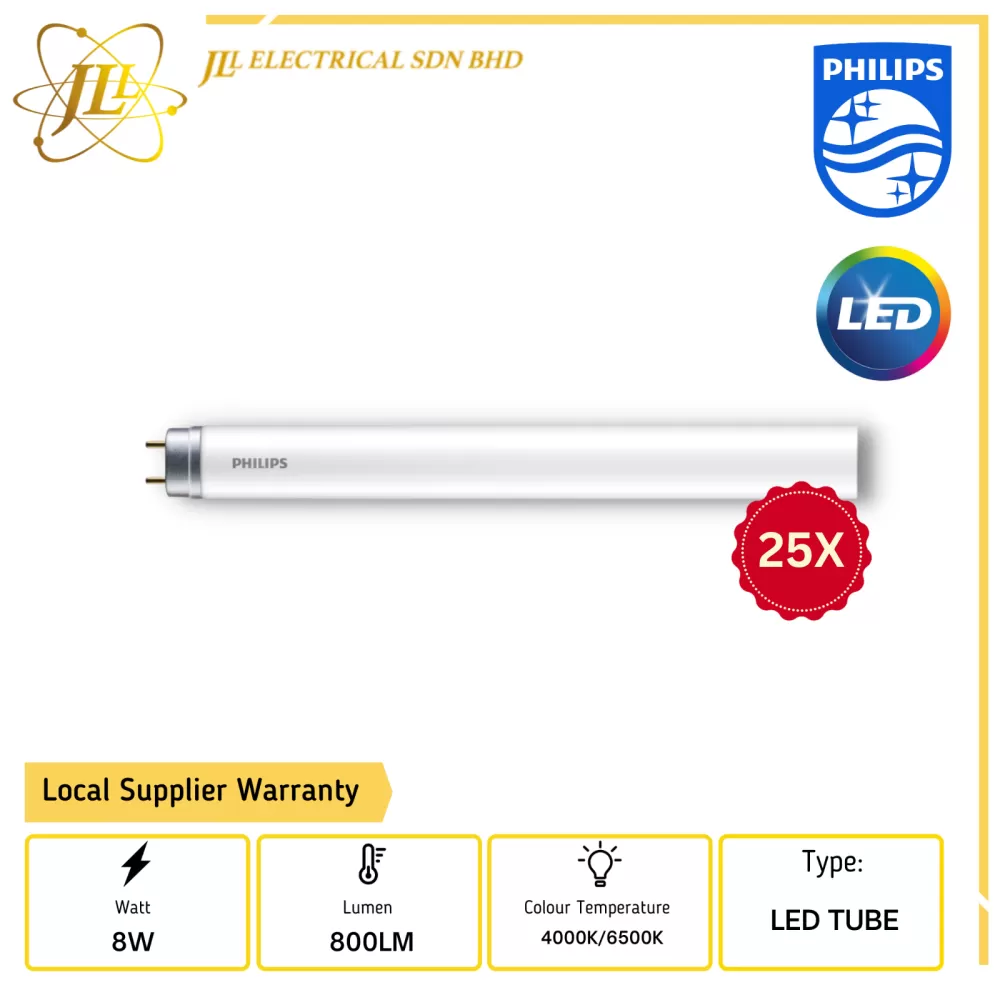 PHILIPS ECOFIT LED T8 TUBE HO 8W/800LM 600MM 25PCS/CT [4000K/6500K]