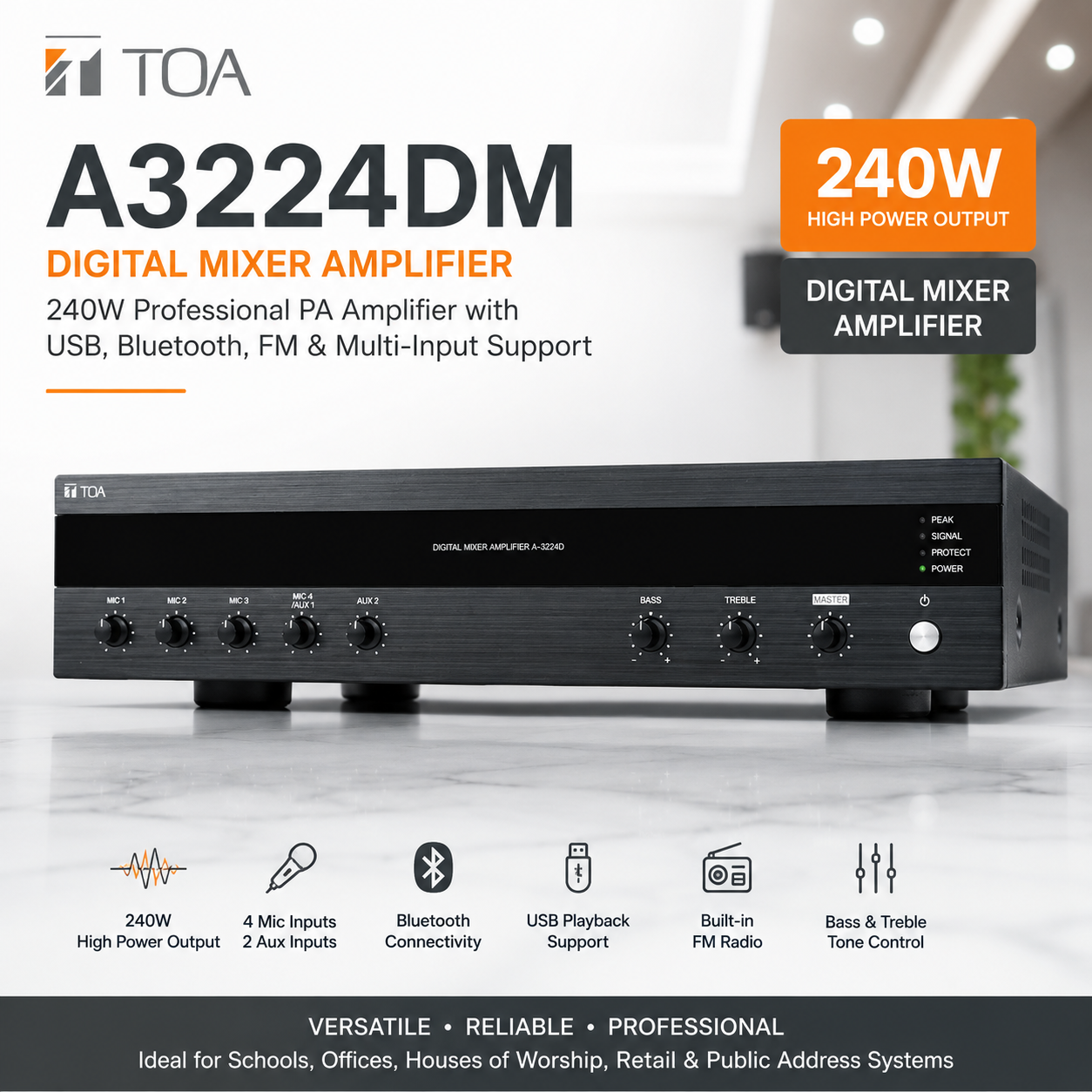 TOA A3224DM Digital Mixer Amplifier – 240W Professional PA Amplifier with USB, Bluetooth, FM & Multi-Input Support