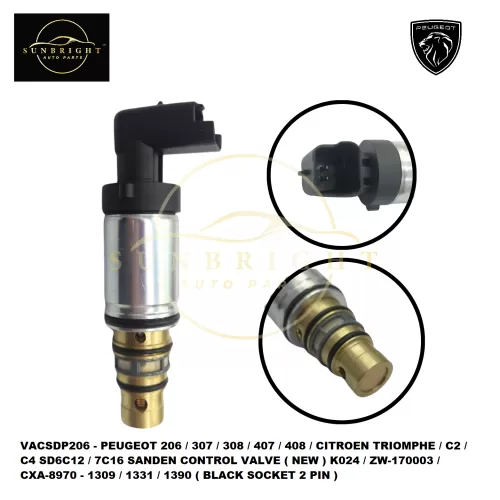 VACSDP206 - PEUGEOT 206 / 307 / 308 / 407 / 408 / CITROEN TRIOMPHE / C2 / C4 SD6C12 / 7C16 SANDEN CONTROL VALVE ( NEW ) K024 / ZW-170003 / CXA-8970 - 1309 / 1331 / 1390 ( BLACK SOCKET 2 PIN )