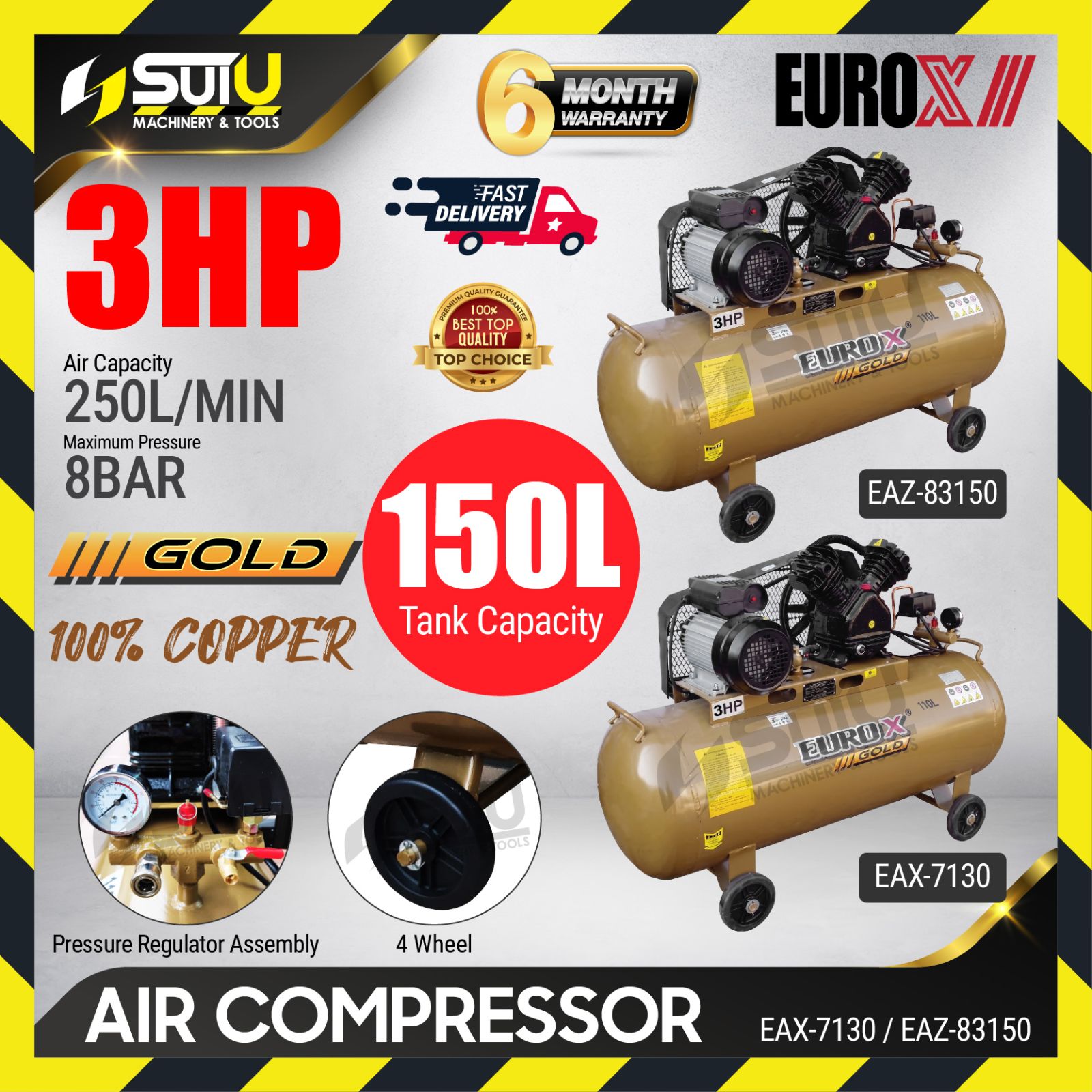 [COMPRESSOR ONLY] EUROX EAX7130/ EAW7130 / EAZ83150 3HP 150L 8Bar Belt Air Compressor / Kompresor 1080RPM