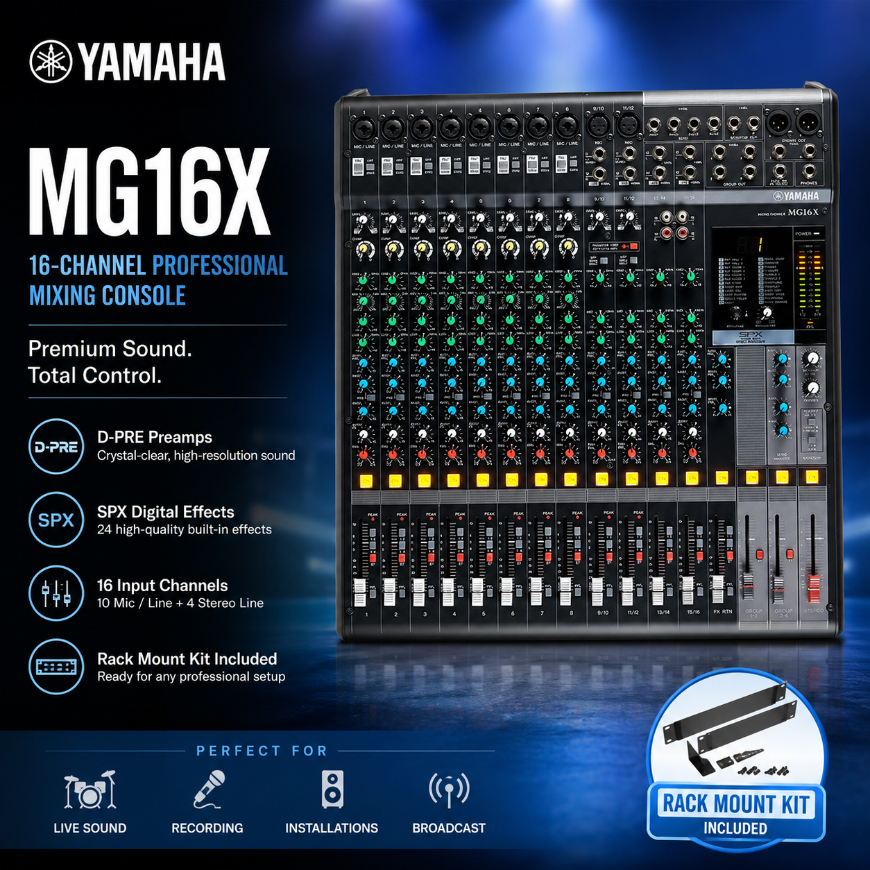 Yamaha MG16X – Konsol Pencampuran Profesional 16-Saluran dengan D-PRE Preamp, Kesan SPX & Kit Rak