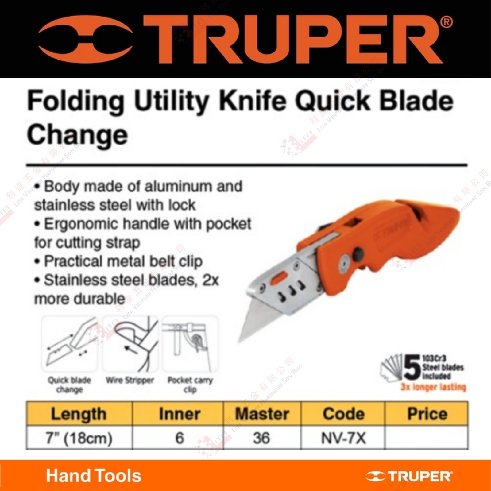 TRUPER BRAND FOLDING UTILITY KNIFE QUICK BLADE CHANGE - NV7X