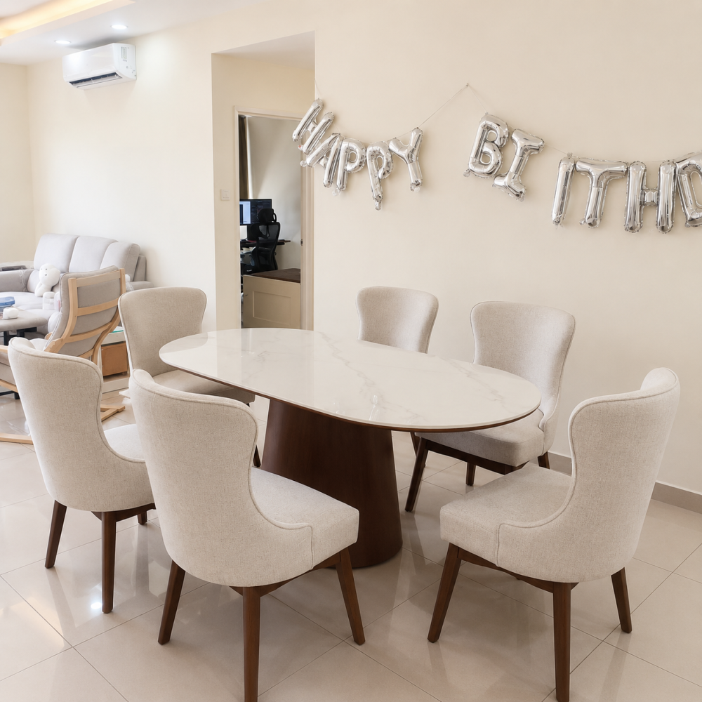 Premium Marble Dining Table Set | Solid Wood Dining Table With Fabric Cushion Chairs | Set Meja Makan Marble Premium | Kerusi Kayu Solid Dengan Kusyen Kain Berkualiti | Deliver Tasek Gelugor, Bertam, Penaga, Georgetown, Tanjong Tokong