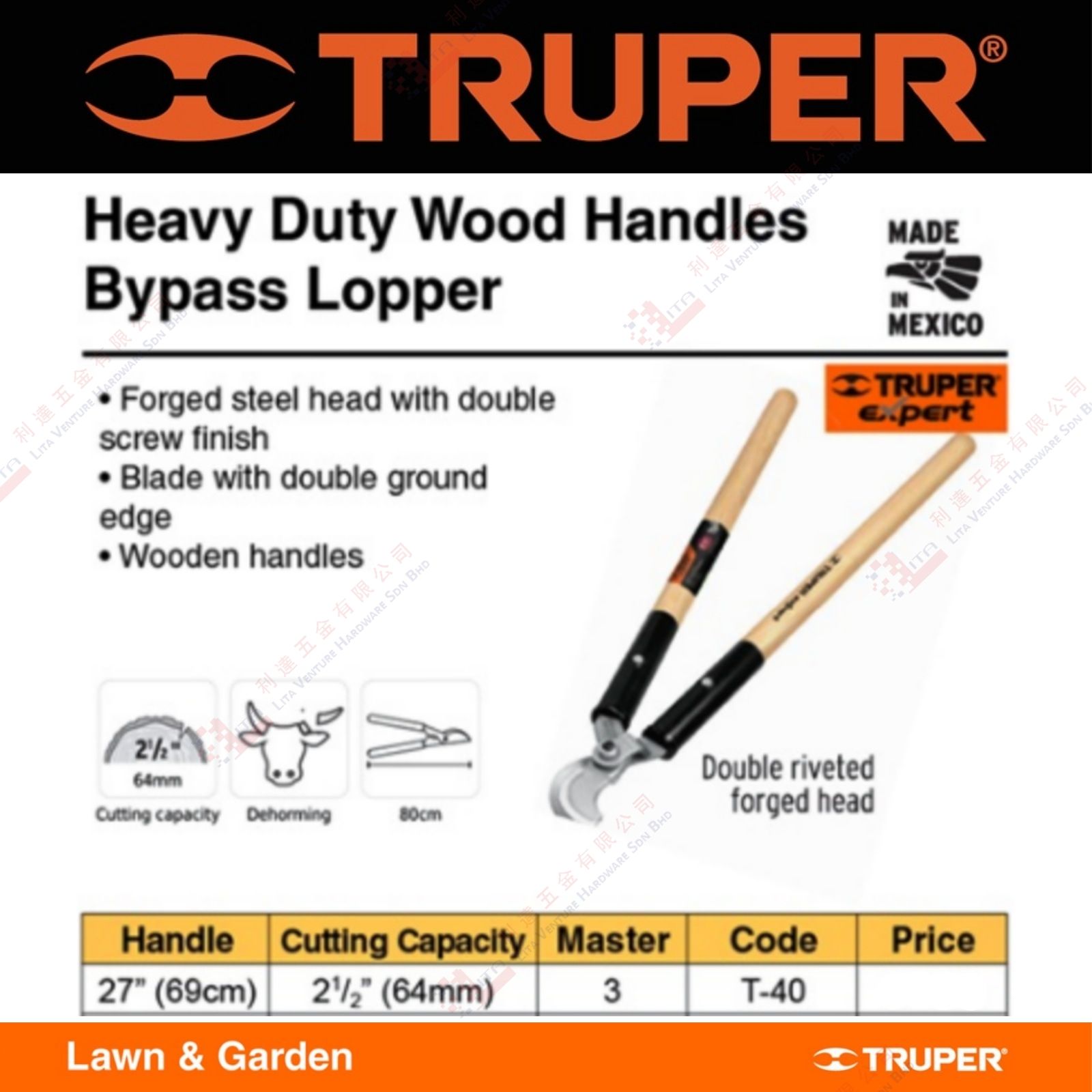 TRUPER BRAND HEAVY DUTY WOOD HANDLE BYPASS LOPPER - T40