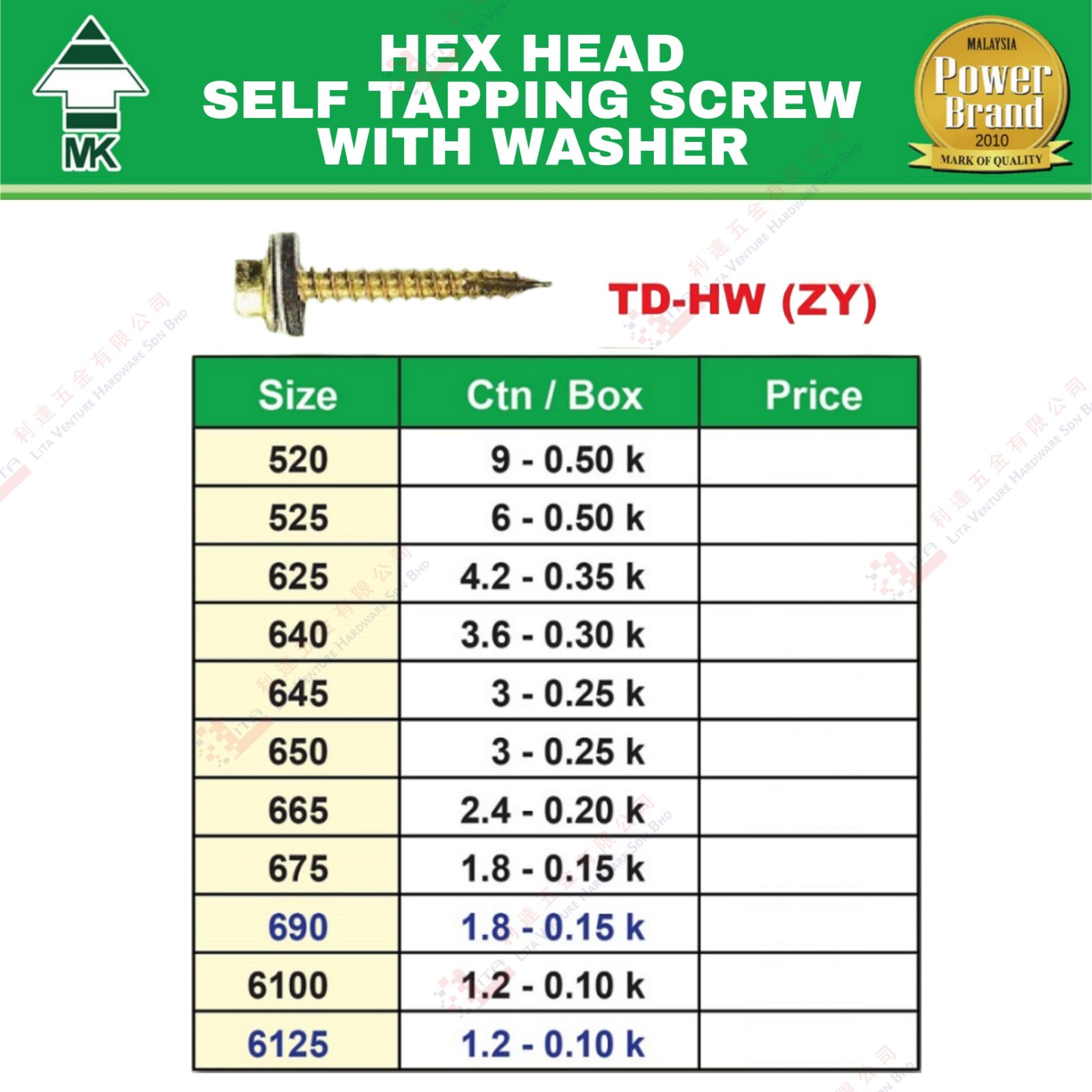 MK BRAND HEX HEAD SELF TAPPING SCREW WITH WASHER - TDHWZY