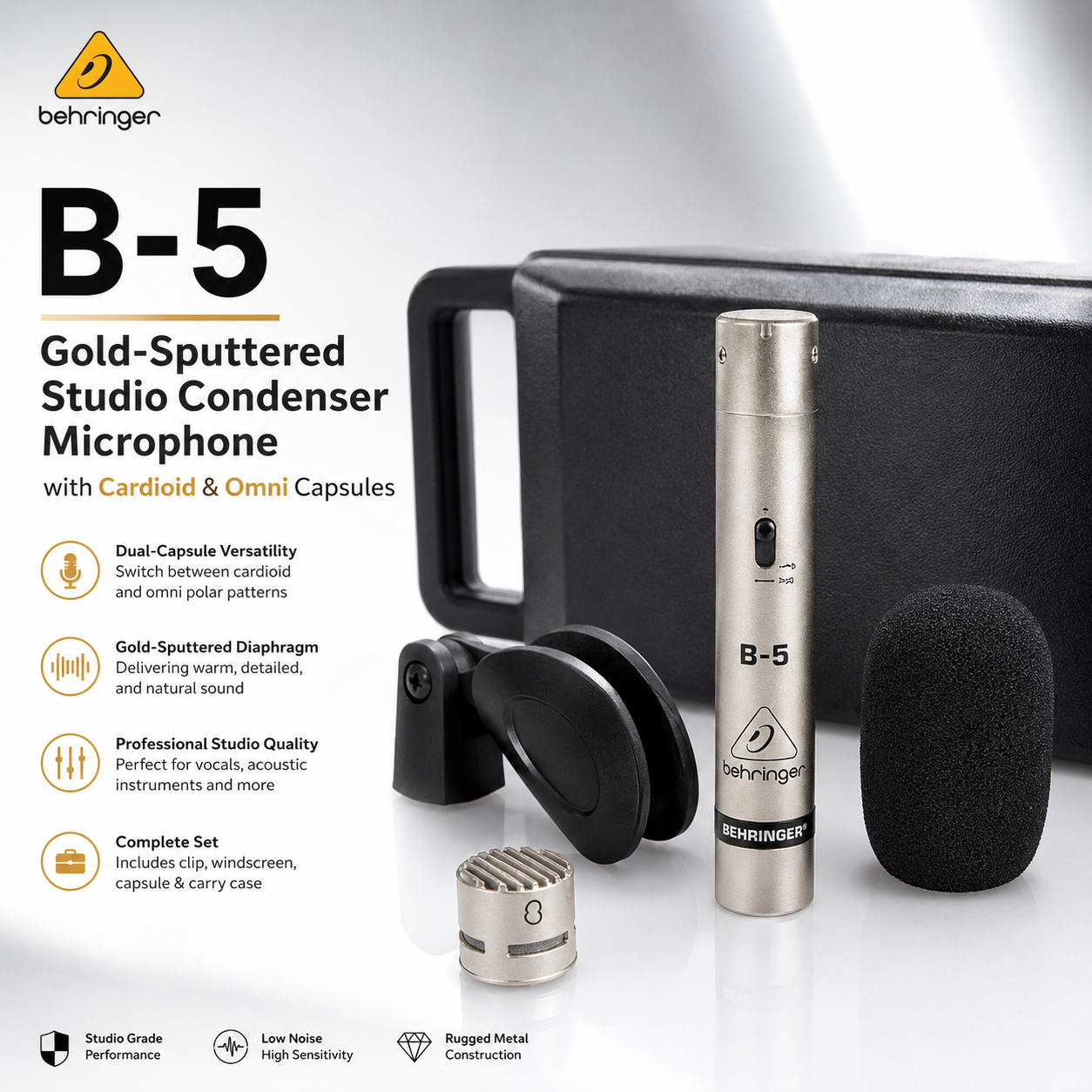 Behringer B5 – Gold-Sputtered Studio Condenser Microphone with Cardioid & Omni Capsules