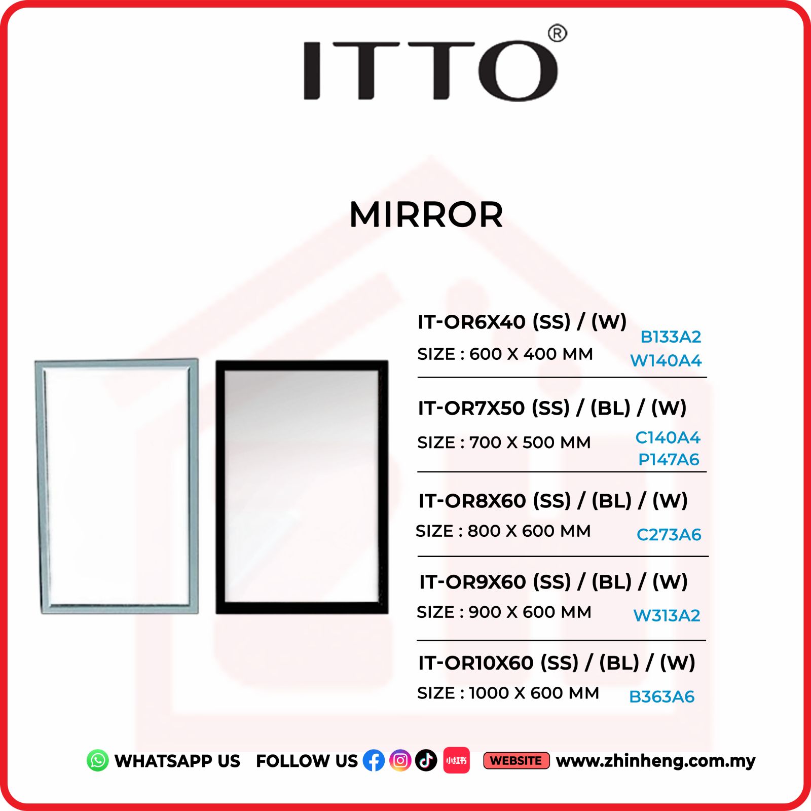 ​​​​​​​ITTO MIRROR IT-IT-OR6x40(SS) / (W) + IT-OR7x50(SS) / (BL) / (W) +  IT-OR8x60(SS) / (BL) / (W) + IT-OR9x60(SS) / (BL) / (W) + IT-OR10x60(SS) / (BL) / (W)