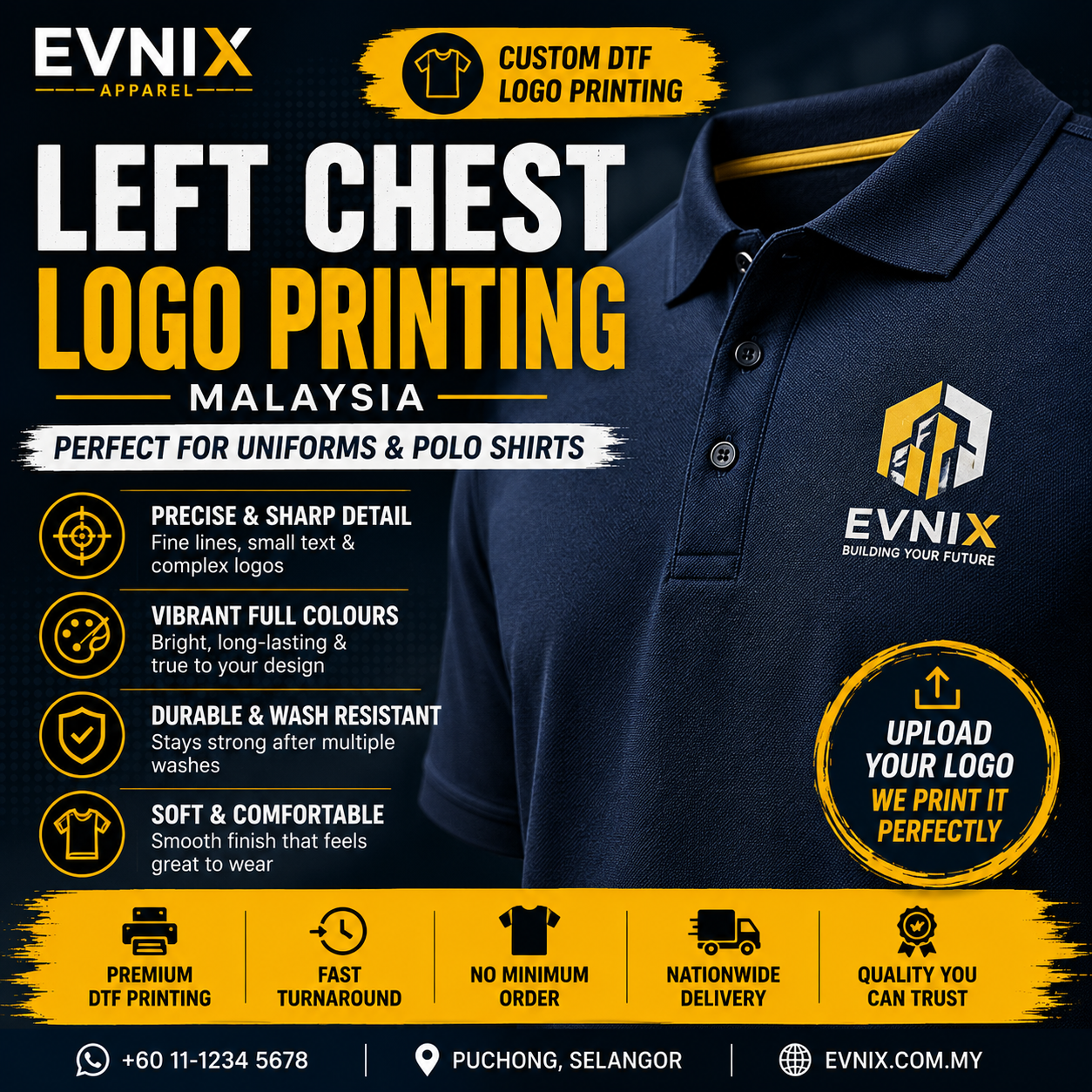 Left Chest Logo Printing Malaysia | Custom DTF Logo for Uniforms & Polo Shirts