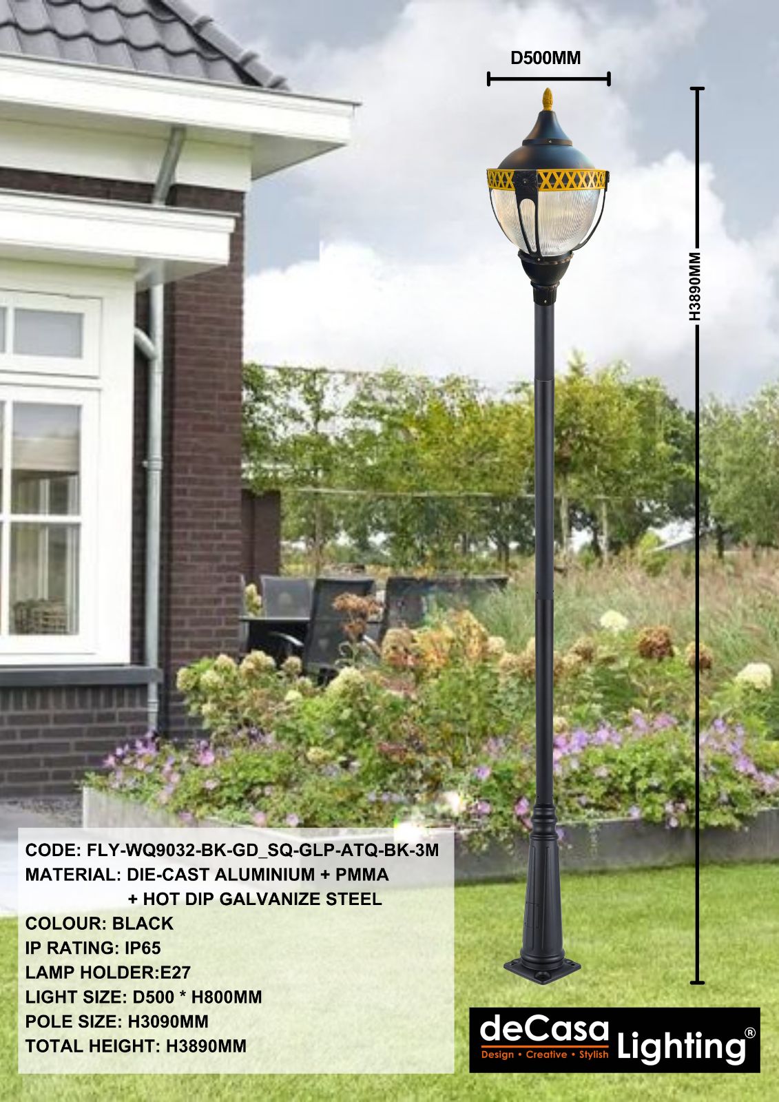 OUTDOOR GARDEN POLE LIGHT (FLY-WQ9032-BK-GD_SQ-GLP-ATQ-BK-3M)