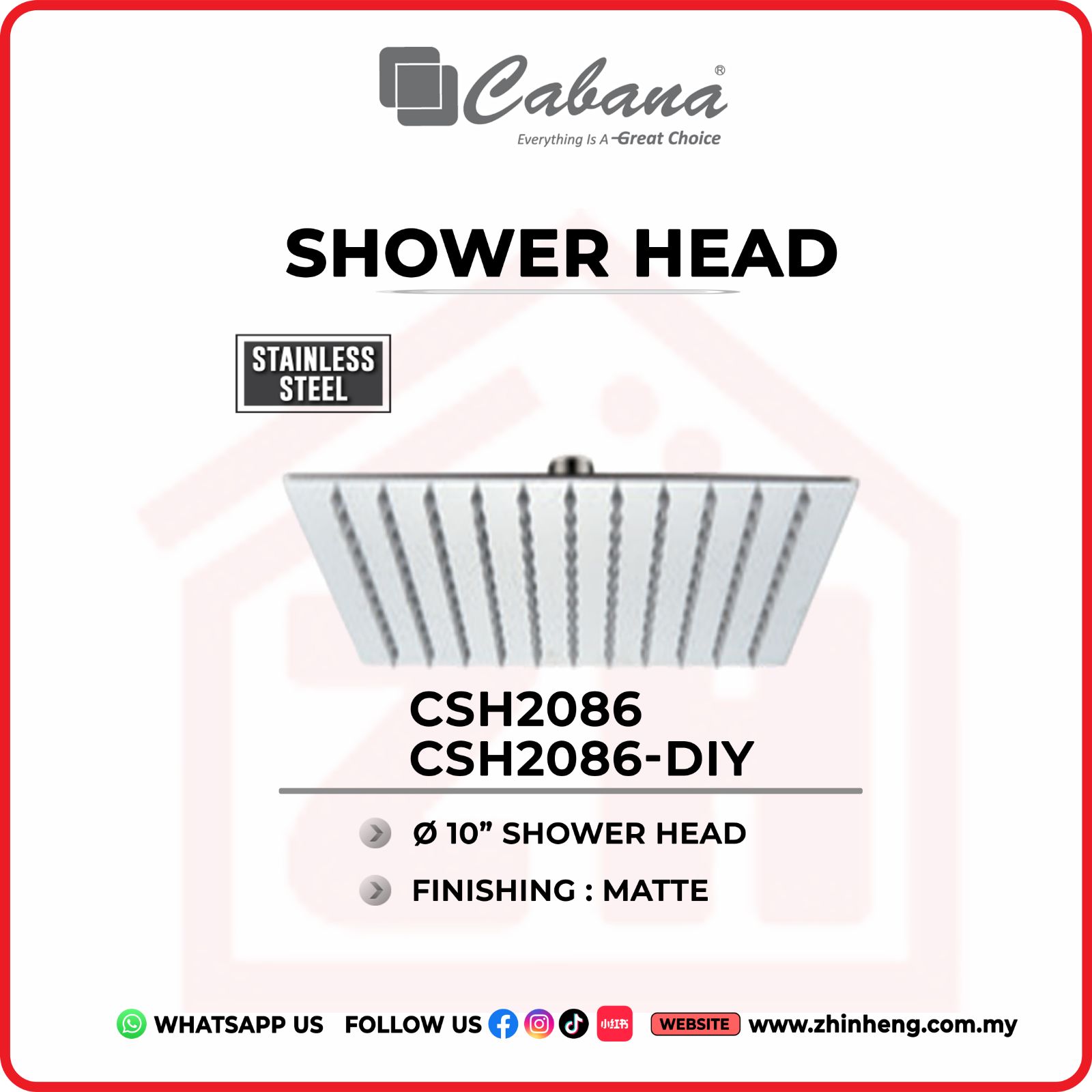 CABANA 10'' SQUARE SHOWER HEAD  CSH2086 & CSH2086-DIY