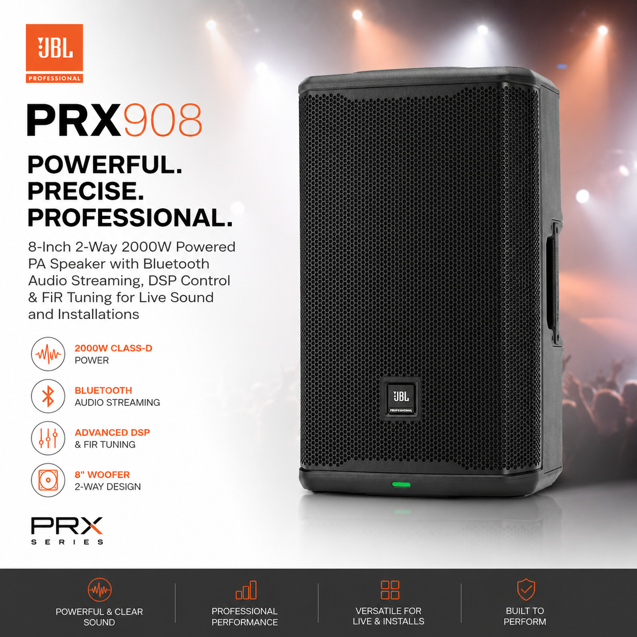 JBL PRX908 – 8-Inch 2-Way 2000W Powered PA Speaker with Bluetooth Audio Streaming, DSP Control & FiR Tuning for Live Sound and Installations