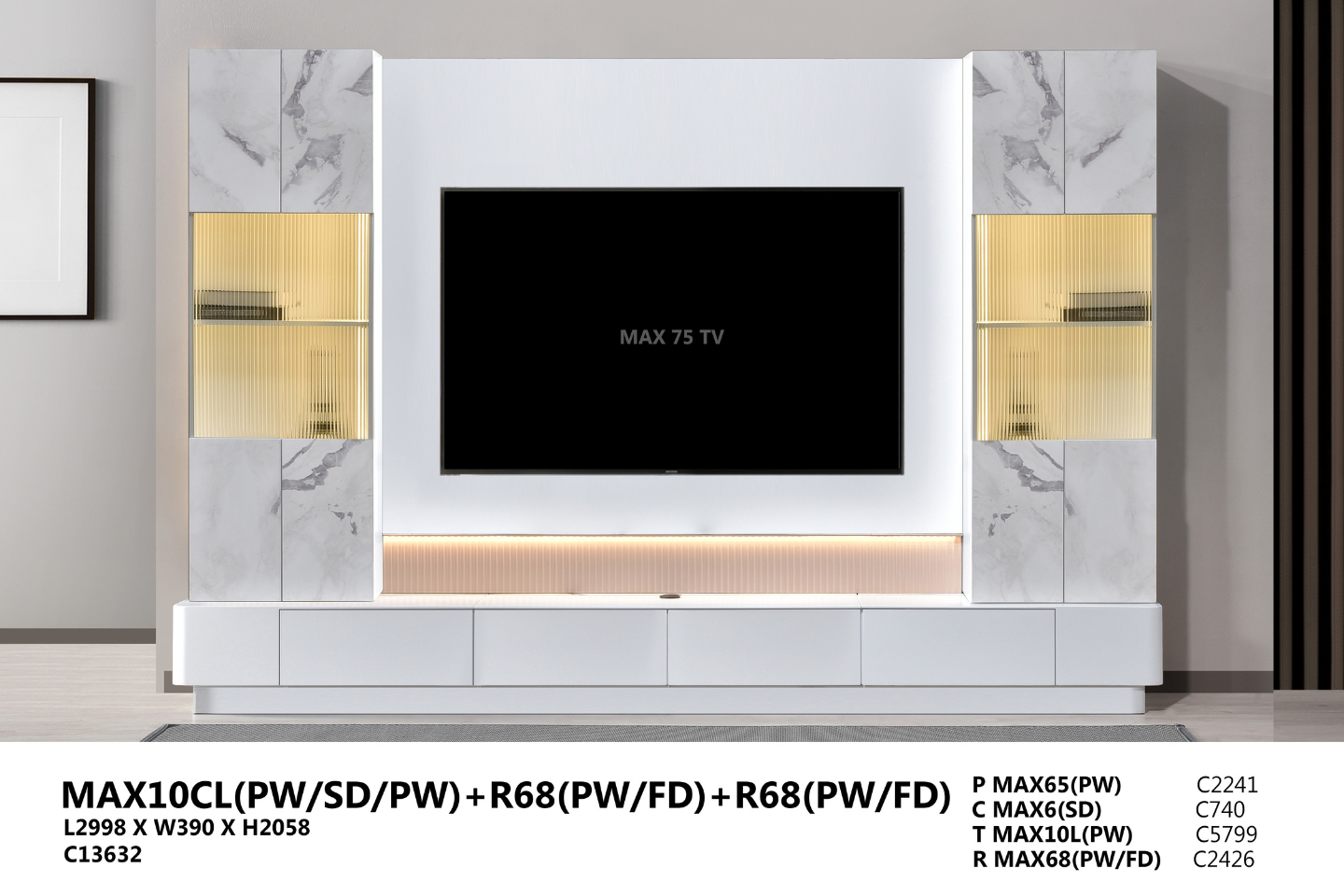 WALL TV CABINET - MAX10CL(PW/SD/PW) + R68(PW/FD) + R68(PW/FD)