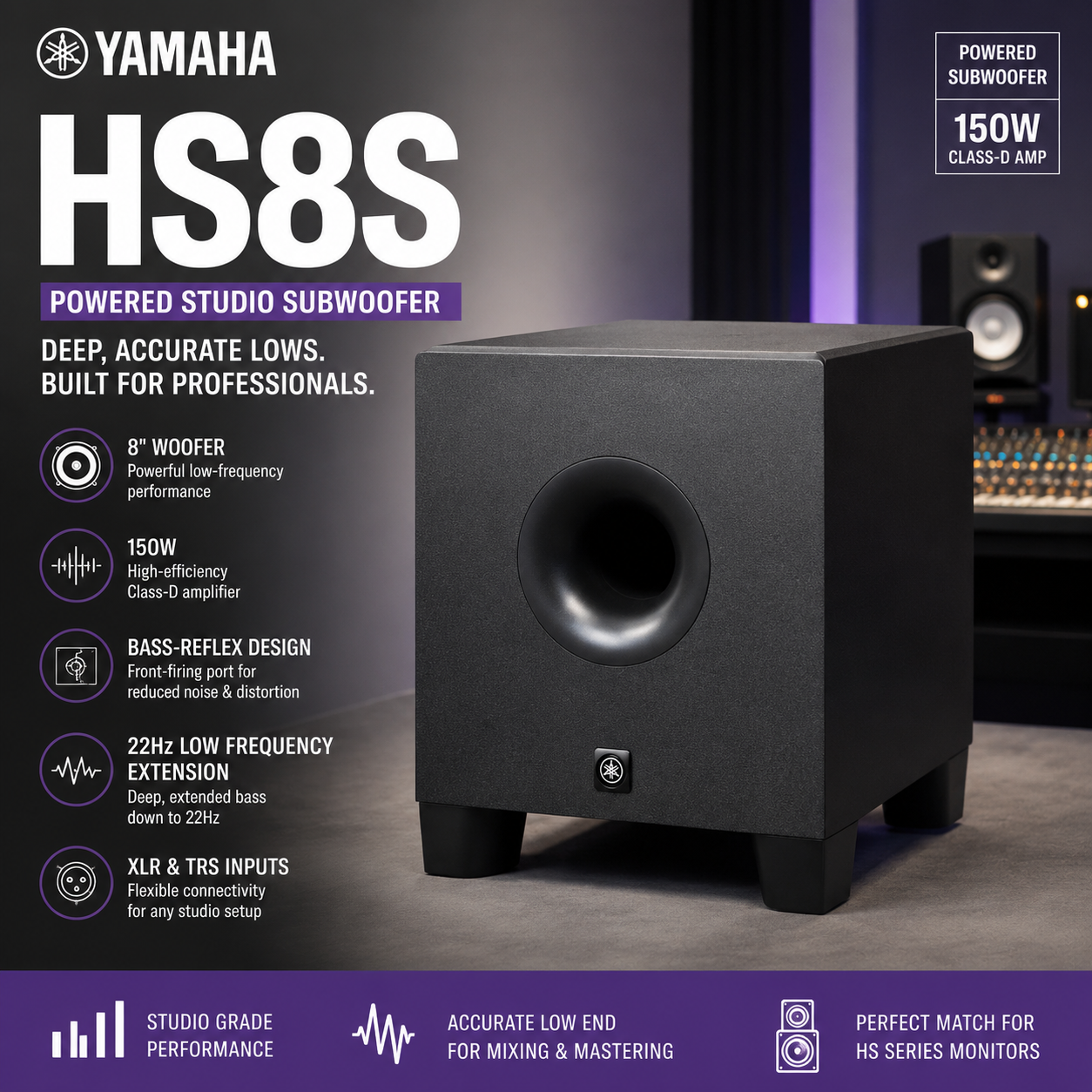 Yamaha HS8S – 8" Bass-Reflex Powered Studio Subwoofer with 150W Amp & 22Hz Low Frequency Extension