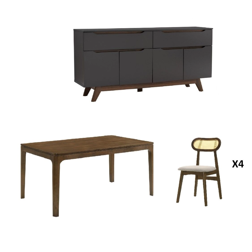 Ferro Dining Set (150cm L Table + 4 Chair) + Manda Sideboard (Black)