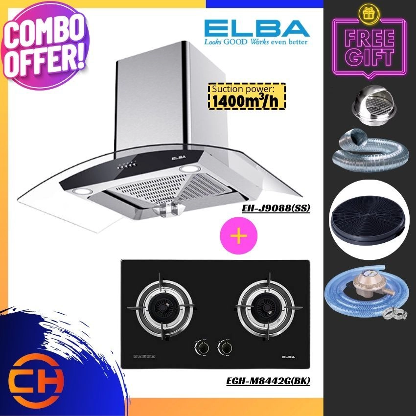 ELBA 1400M3/HR DESIGNER HOOD EH-J9088(SS) + 2 BURNER BUILT IN GLASS STOVE INFINITO EGH-F8582GX(BK) GLASS HOB