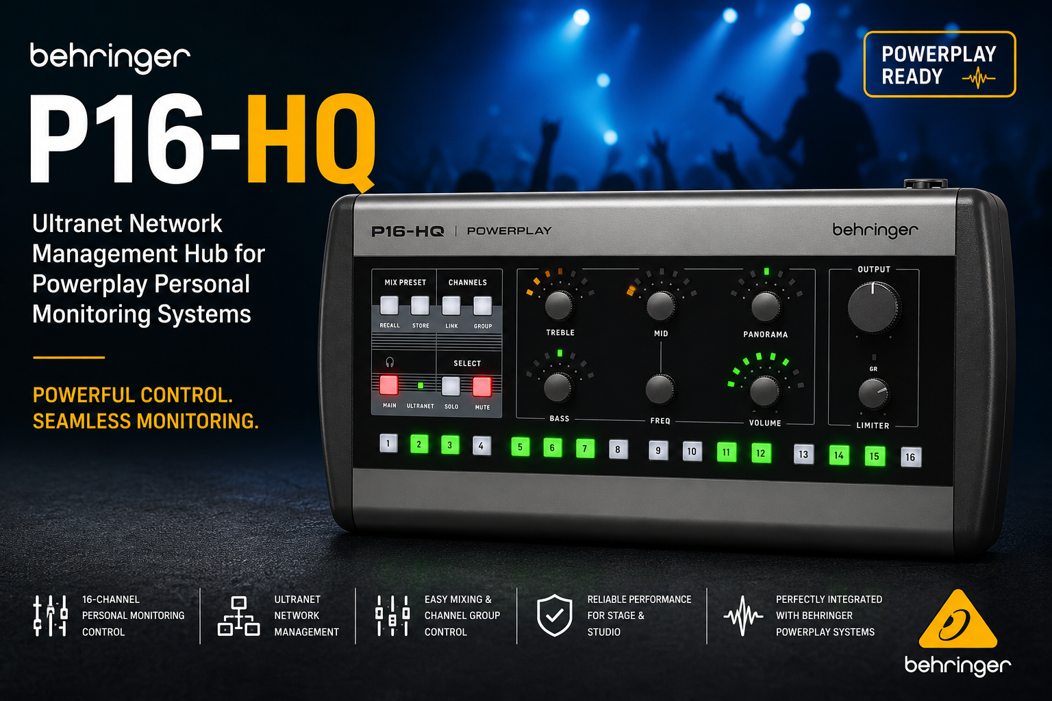 Behringer P16-M – Pengadun Pemantauan Digital Peribadi 16 Saluran dengan Kawalan Campuran Mudah untuk Pemuzik