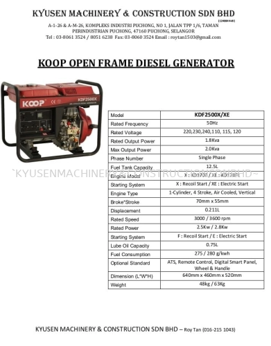 Koop Open Frame Diesel Generator KDF2500X/XE