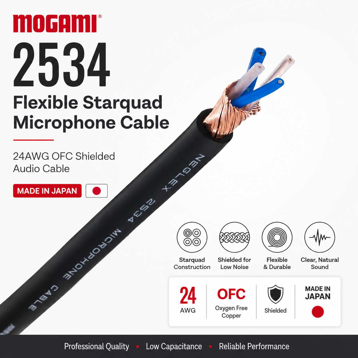 Mogami 2534 Kabel Mikrofon Starquad Fleksibel – Kabel Audio OFC Berperisai 24AWG (Dibuat di Jepun)