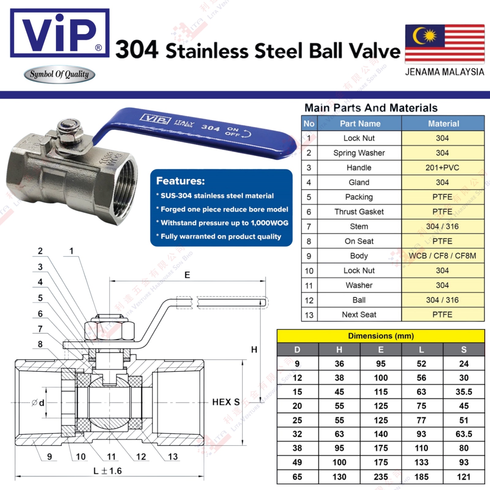 VIP BRAND STAINLESS STEEL BALL VALVE
