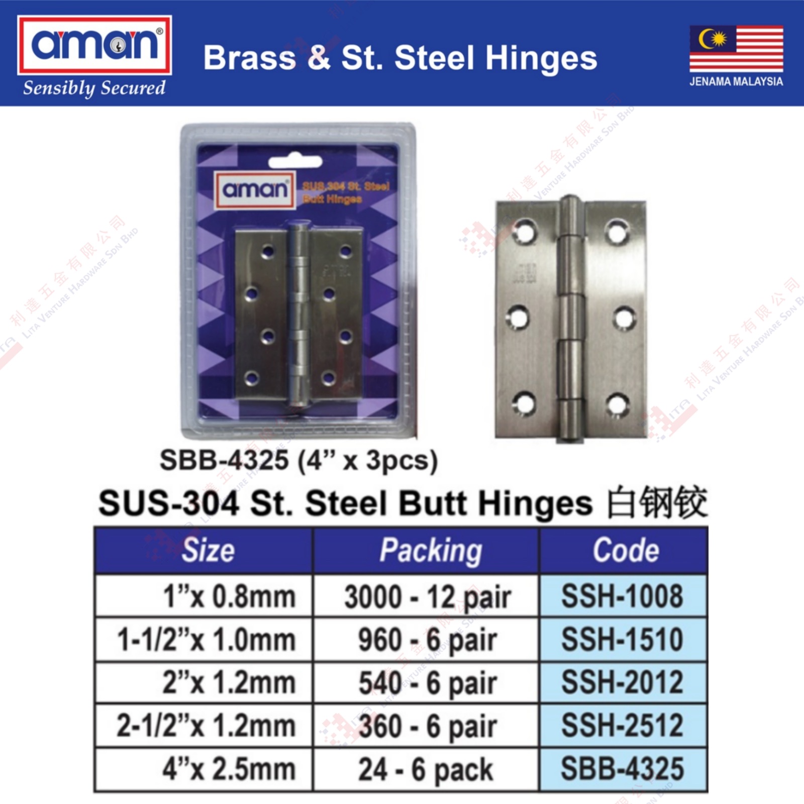 AMAN BRANDSTAINLESS STEEL BUTT HINGES - SSH1008 SSH1510 SSH2012 SSH2512 SSH4325
