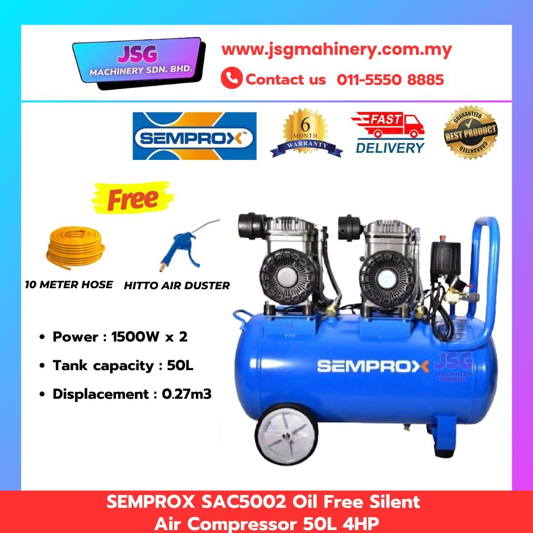 SEMPROX SAC5002 50L 4HP Oiless Silent Air Compressor – Dual 1490W 2860RPM