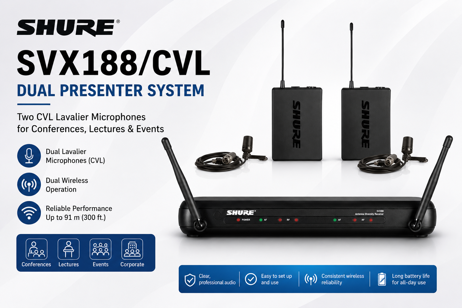 舒尔 Shure SVX188/CVL 双人演讲无线系统 – 配备两支 CVL 领夹式麦克风 适用于会议、讲座与活动