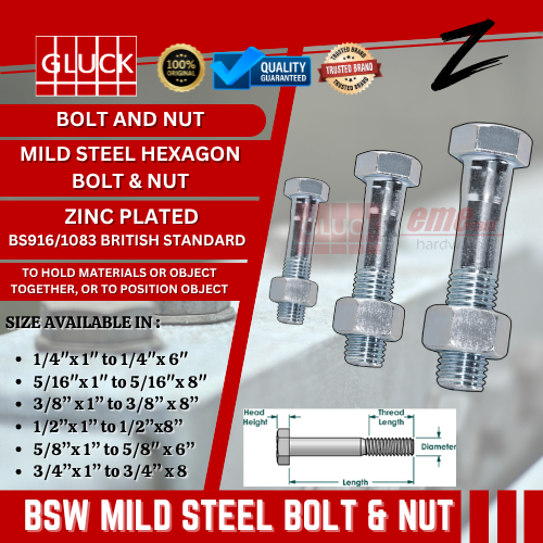 BSW MILD STEEL HEXAGON BOLTS & NUTS 1/4", 5/16", 3/8", 1/2", 5/8" , 3/4" bolt and nut