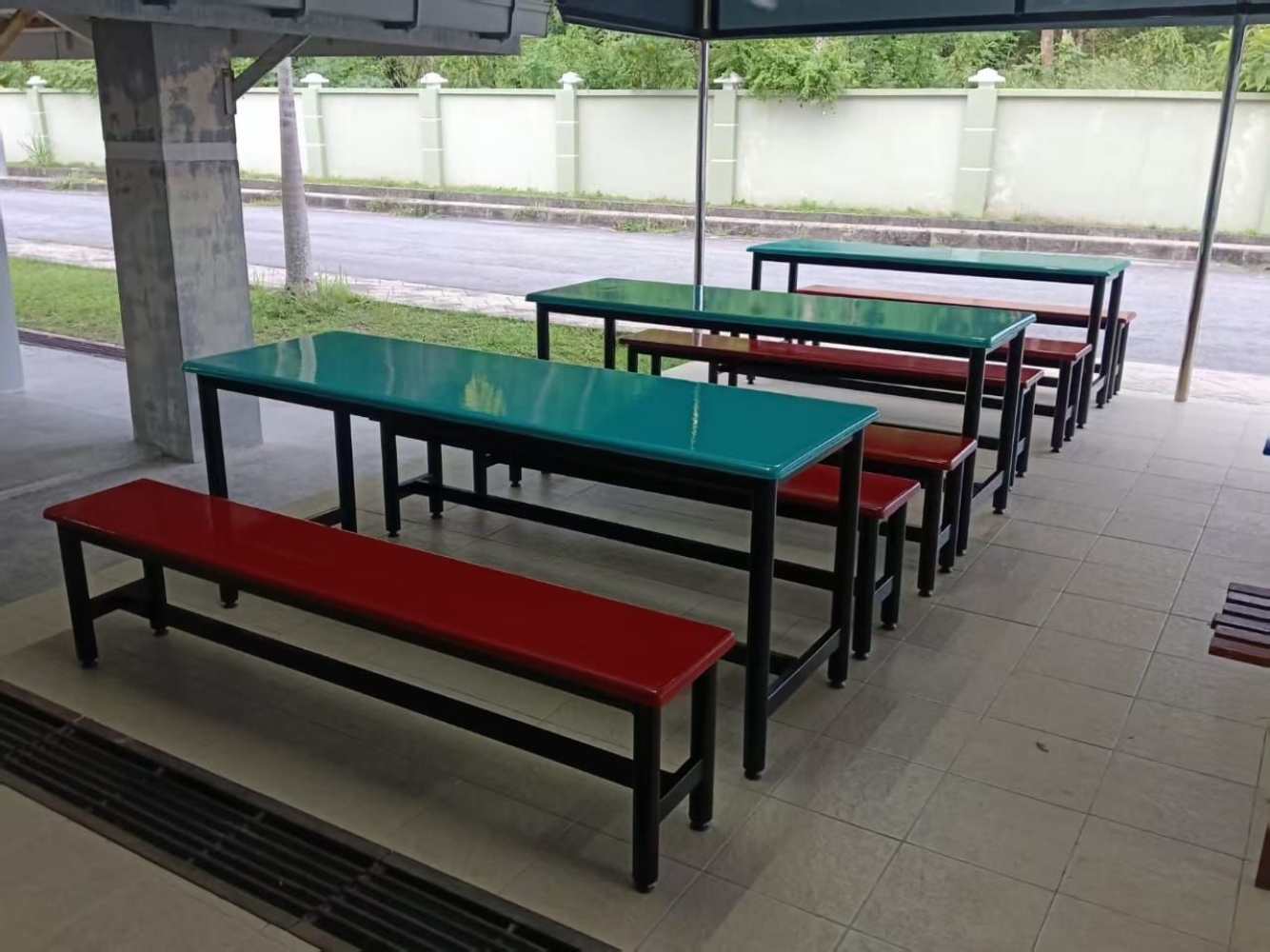 Canteen Table Set Malaysia – 6 Seater Fibreglass Table & Bench | Food Court | School | Factory Canteen Supplier KL Penang