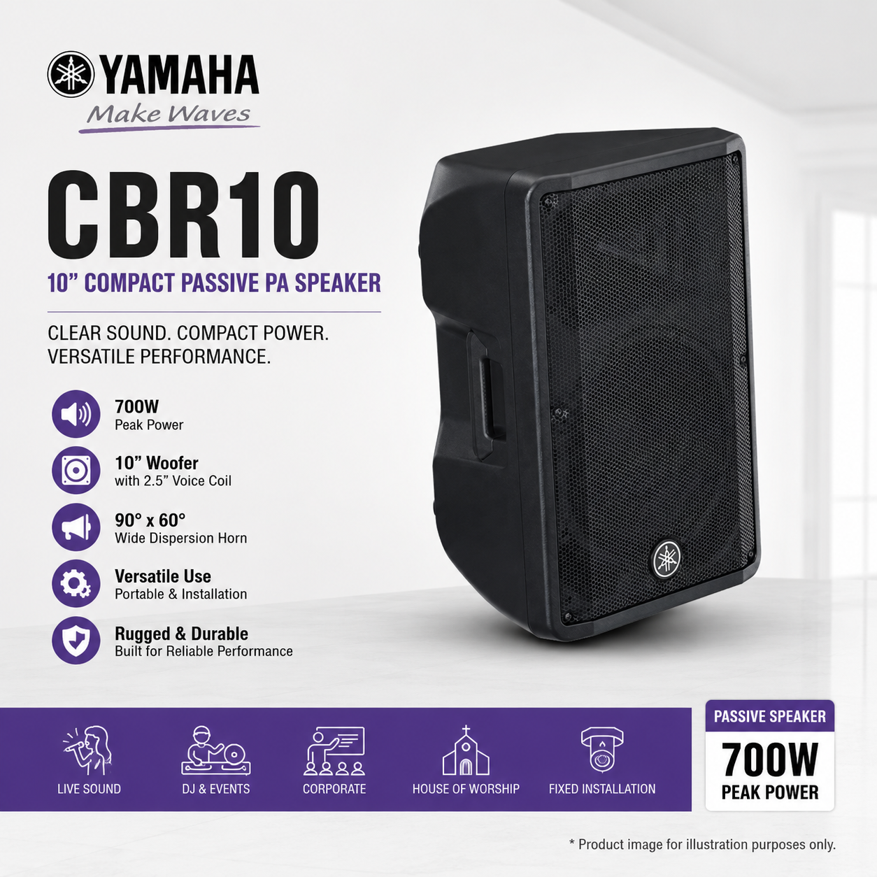 Yamaha CBR10 – Pembesar Suara PA Pasif Kompak 10-Inci 700W untuk Kegunaan Mudahalih & Pemasangan