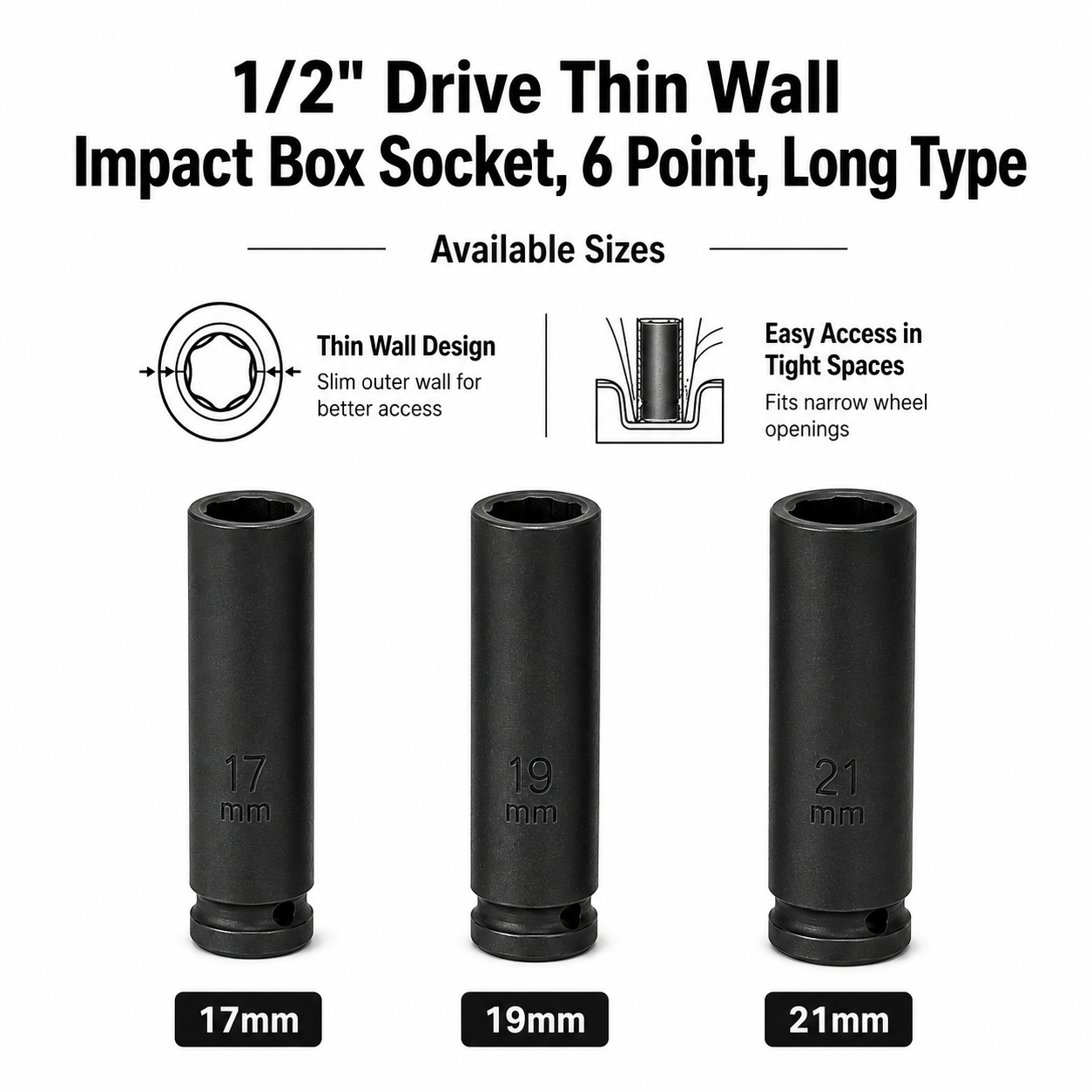 1/2″ Drive Thin Wall Deep Impact Box Socket, 6 Point | TL-SO1B-[SIZE]L06N