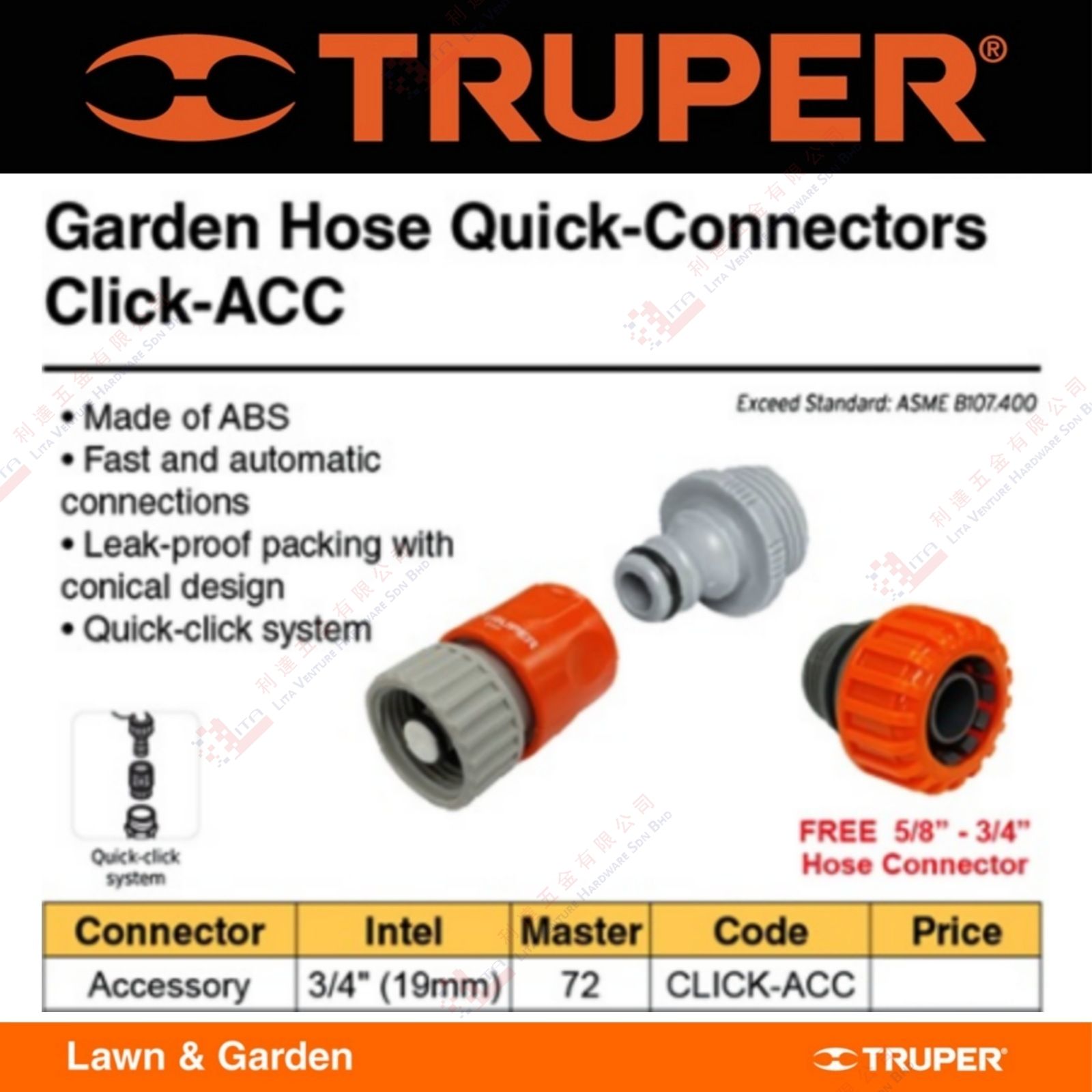 TRUPER BRAND GARDEN HOSE QUICK CONNECTORS - CLICKACC