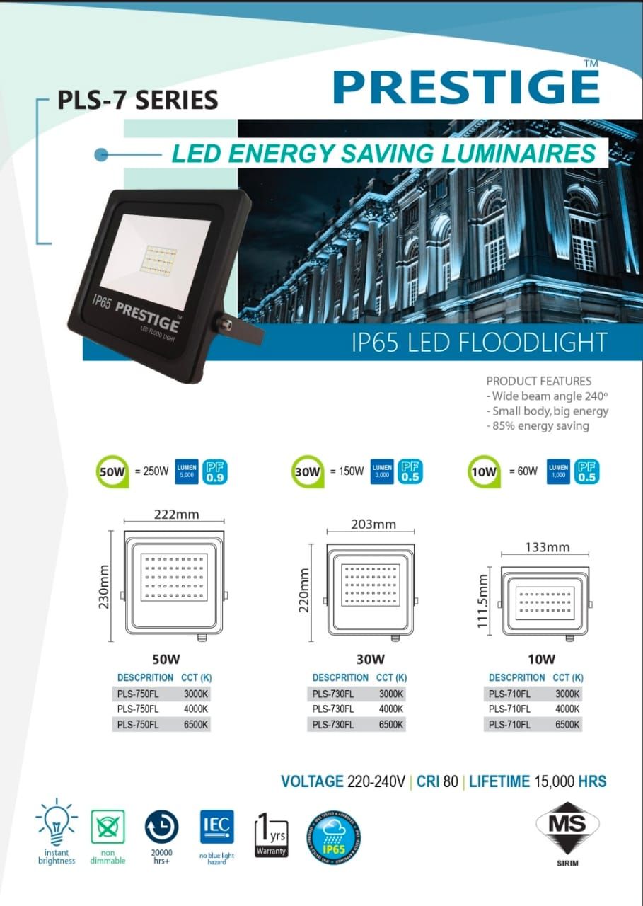 PRESTIGE IP65 LED ENERGY SAVING LUMINAIRES PLS 7-SERIES 50W/ 30W/ 10W