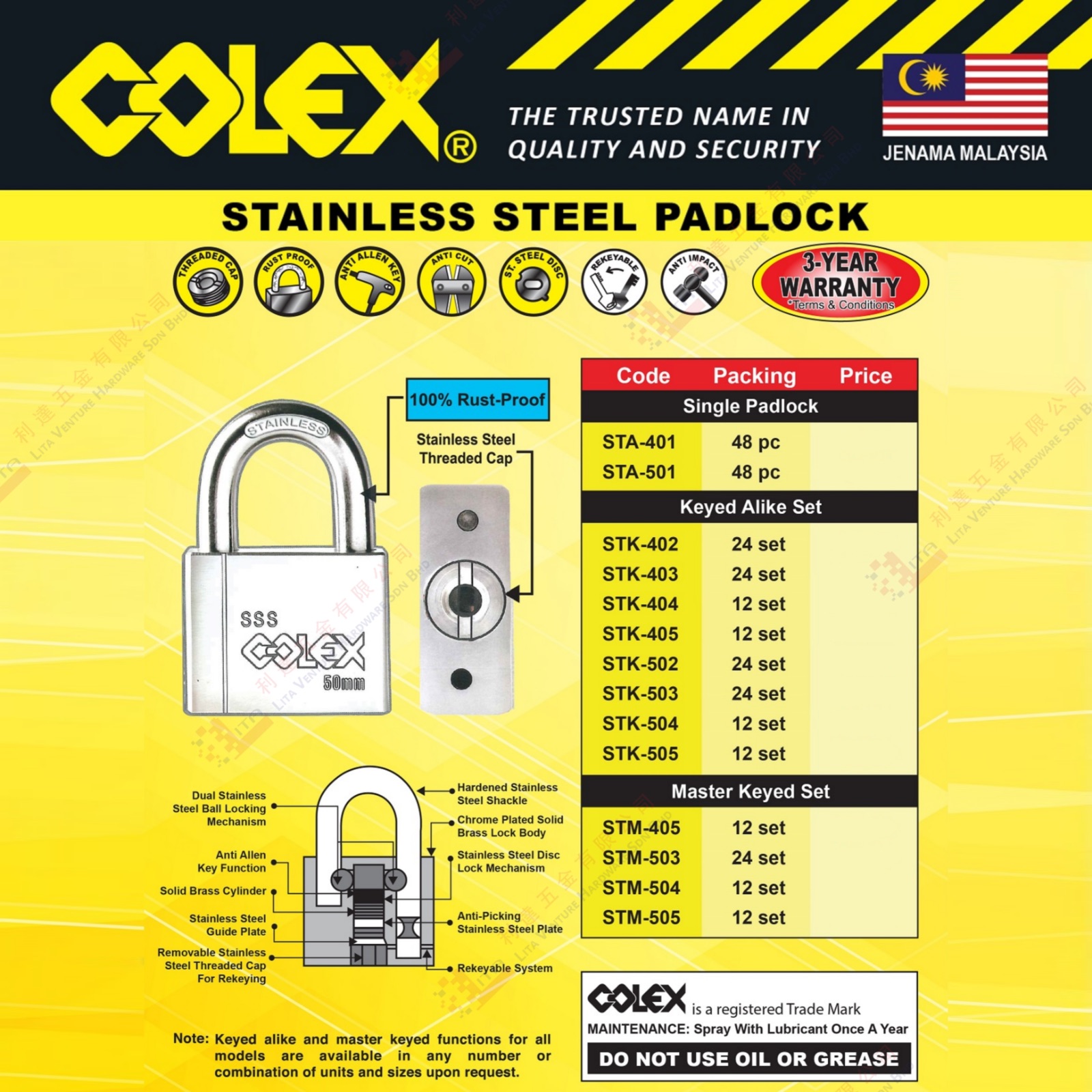 COLEX BRAND STAINLESS STEEL PADLOCK - STA401 STA501 STK402-STK505 STM405-505