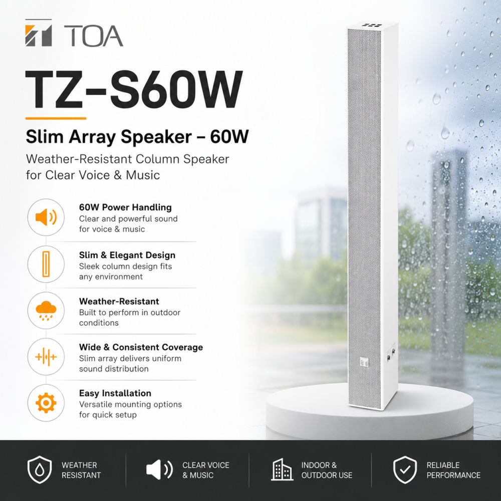 TOA TZ-S60W Slim Array Speaker – 60W Weather-Resistant Column Speaker for Clear Voice & Music