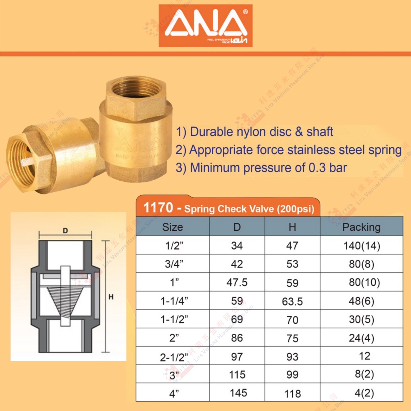 ANA BRAND SPRING CHECK VALVE - 1170