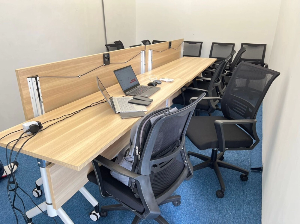 Office Furniture Set Up | 4 Seater Workstation Table With Partition | Office Chair | High Wooden Cabinet | Low Cabinet | Foldable Office Table | Office Table Penang | Office Furniture Penang | Best Price Office Furniture Store Malaysia
