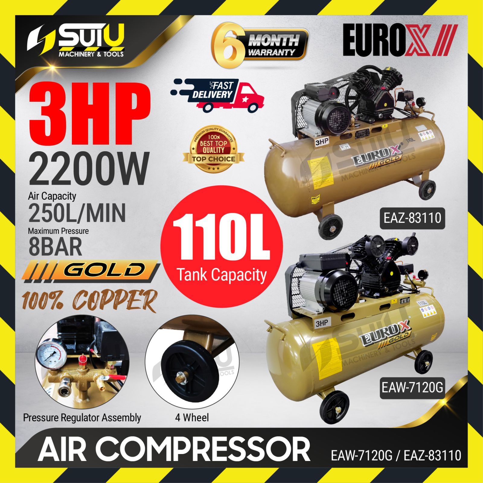 [COMPRESSOR ONLY] EUROX EAW7120G / EAZ83110 110L 3HP Single Phase Belt Driven Air Compressor 2200W
