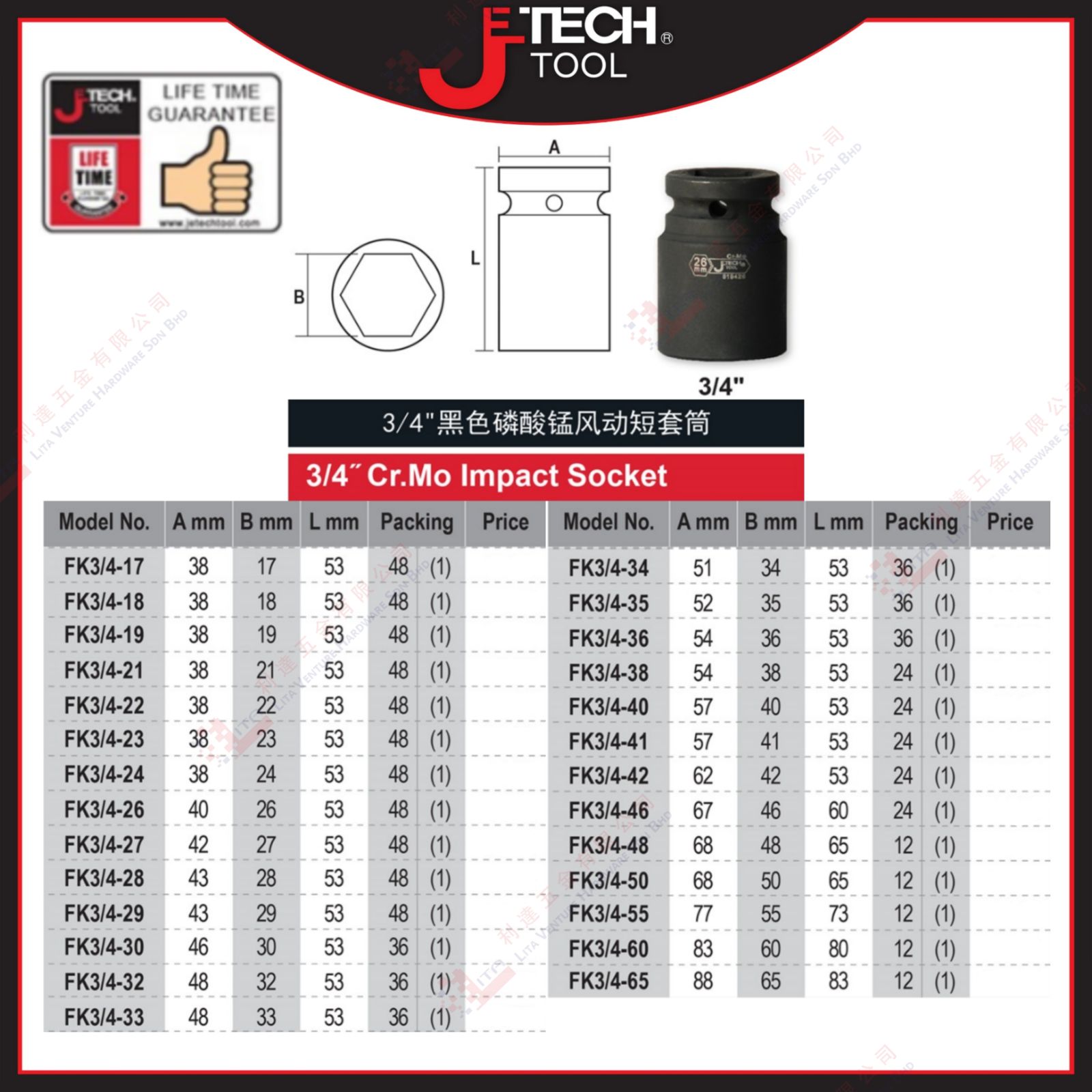 JTECH BRAND CRMO IMPACT SOCKET - FK3417 FK3418 FK3419 ....FK3433