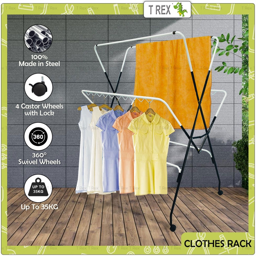T Rex LIGHT Foldable Metal Clothes Drying Rack with Wheels – Outdoor & Indoor Laundry Towel Rack