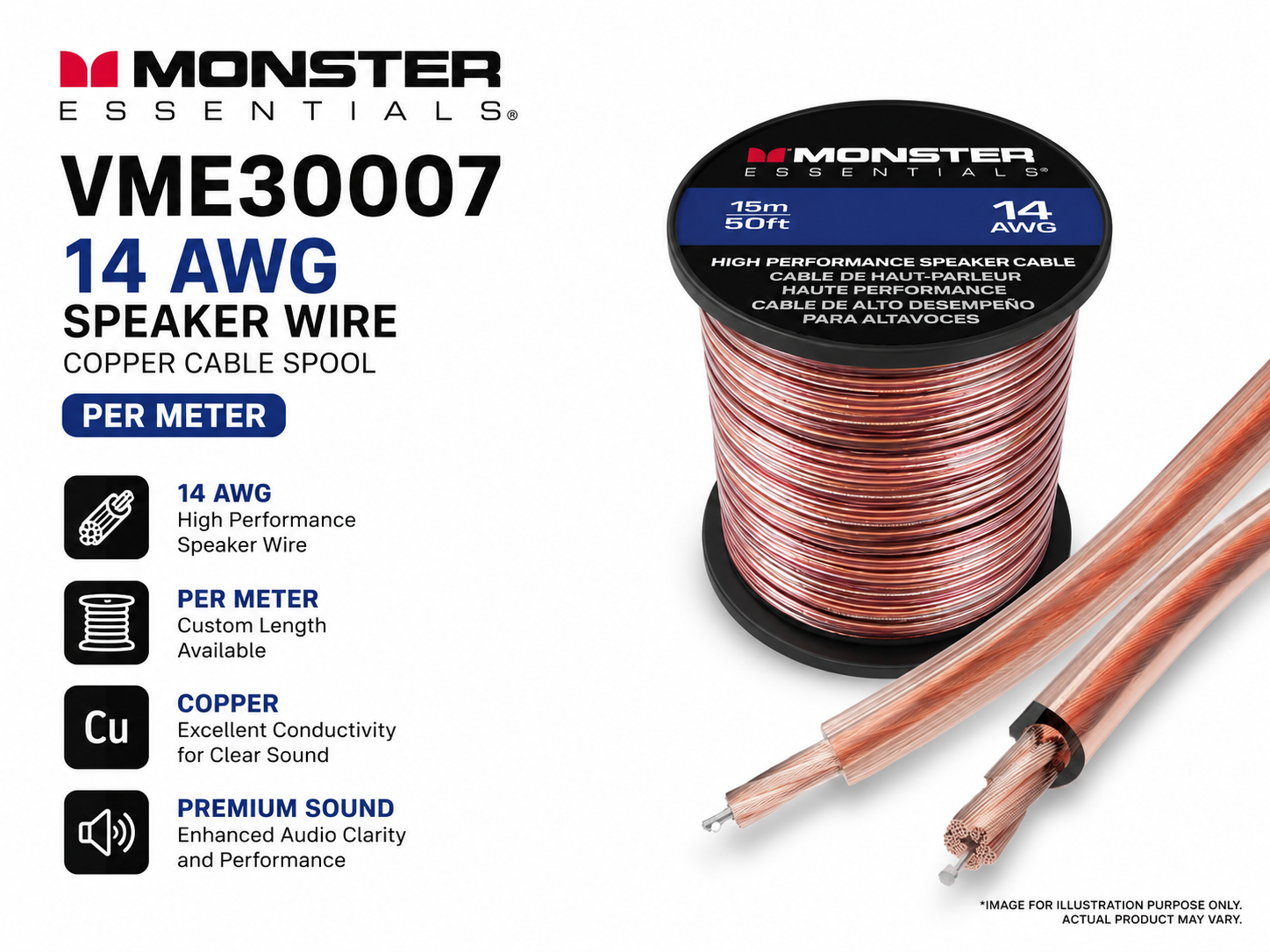 Monster VME30007 14AWG Kabel Pembesar Suara CCA – Kabel Audio Tembaga Bersalut Aluminium Berprestasi Tinggi (Per Meter/Gulungan)