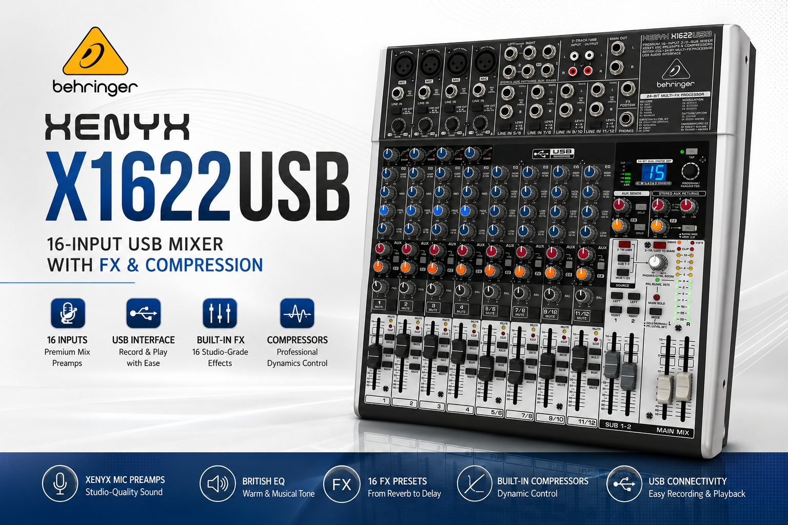 Behringer XENYX X1622USB – 16路带效果与压缩功能USB调音台