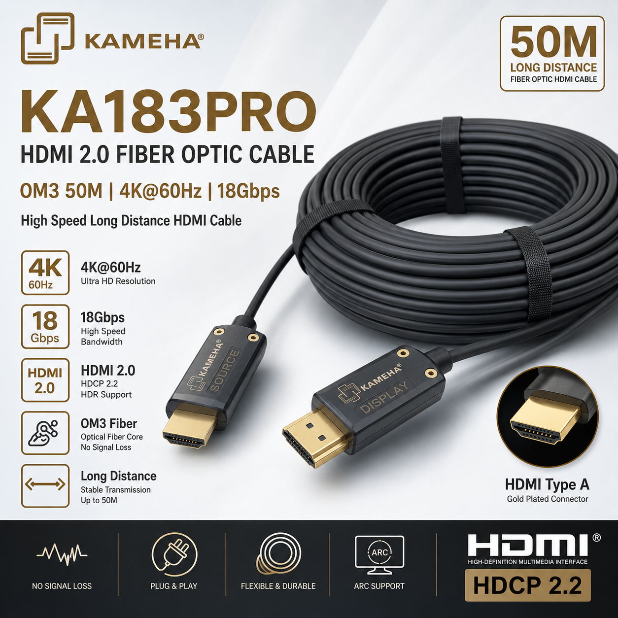 KAMEHA KA183PRO HDMI 2.0 Kabel Fiber Optik OM3 50 Meter 4K@60Hz 18Gbps Berkelajuan Tinggi Jarak Jauh (Versi Dipertingkat)