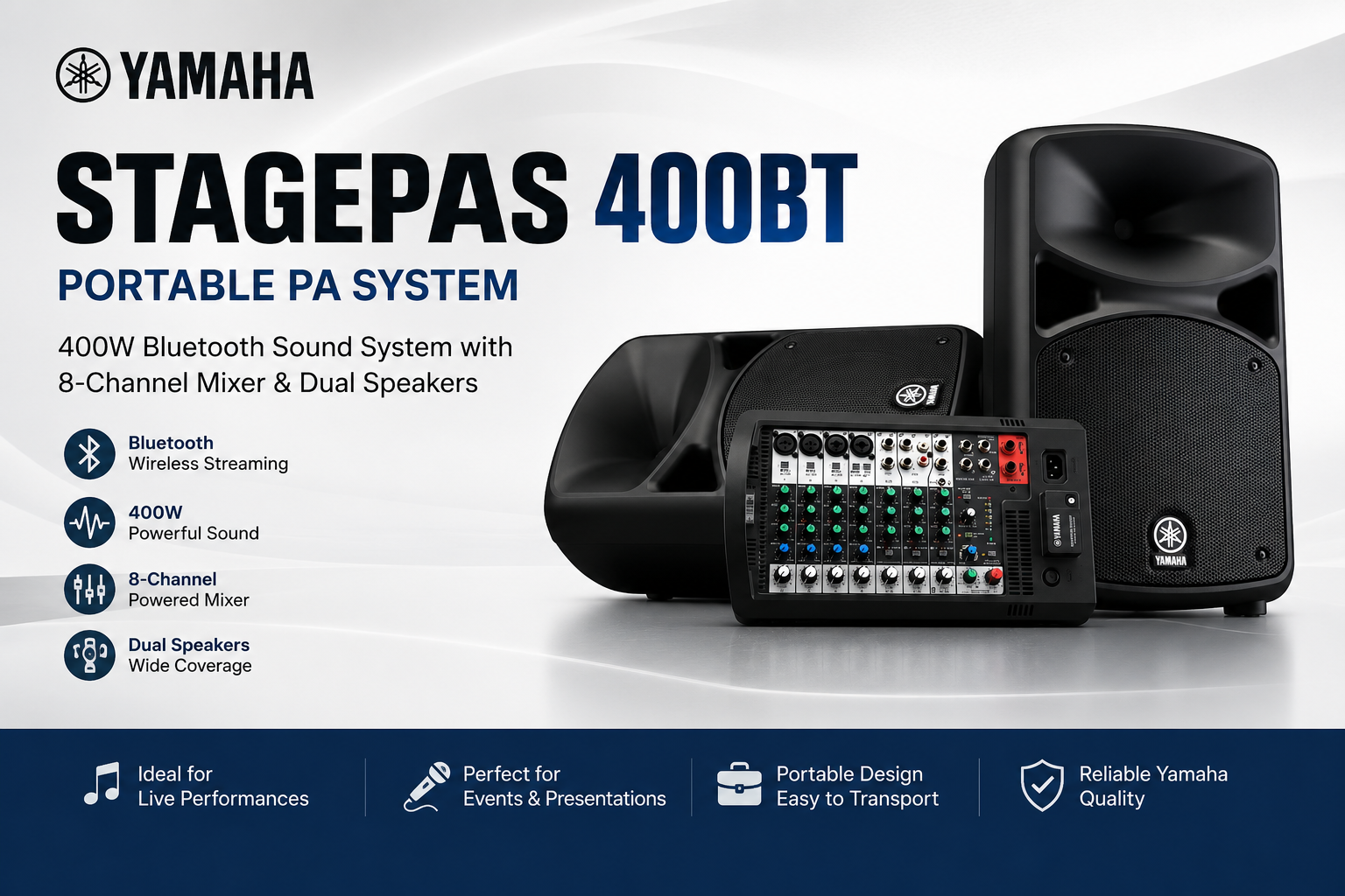 Yamaha Stagepas400BT Portable PA System – 400W Bluetooth Sound System with 8-Channel Mixer & Dual Speakers