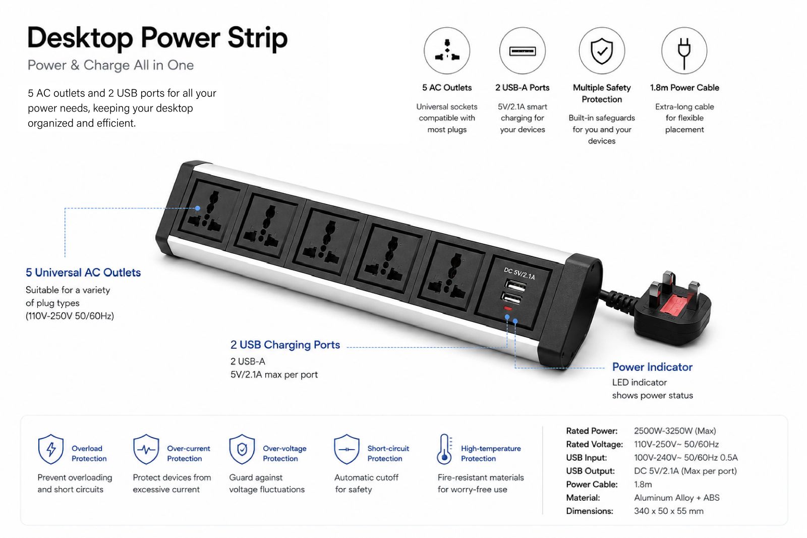 Power Distribution Unit with USB Charger, 6 ports