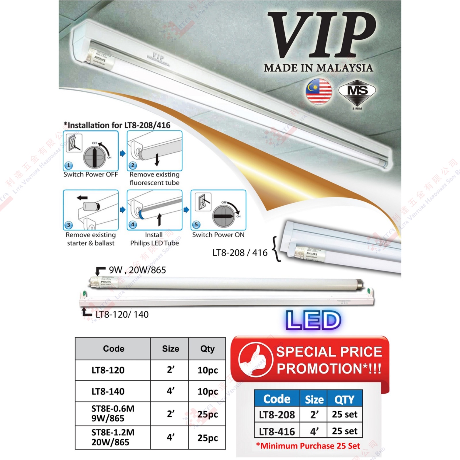 VIP BRAND LED TUBE - LT8208 LT8416