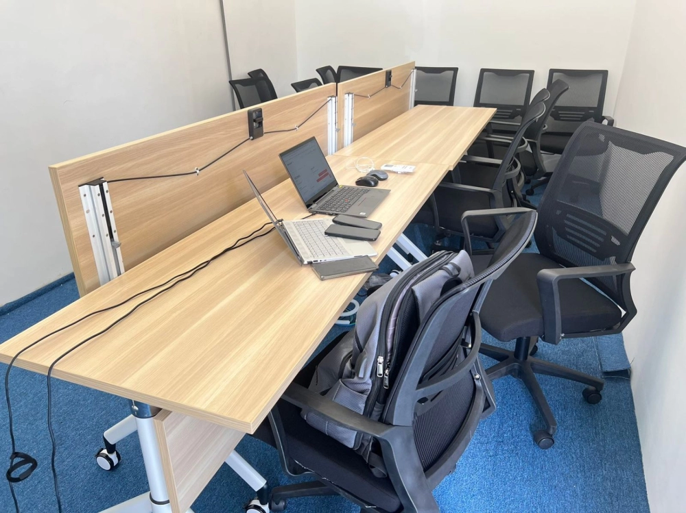 Office Furniture Set Up | 4 Seater Workstation Table With Partition | Office Chair | High Wooden Cabinet | Low Cabinet | Foldable Office Table | Office Table Penang | Office Furniture Penang | Best Price Office Furniture Store Malaysia