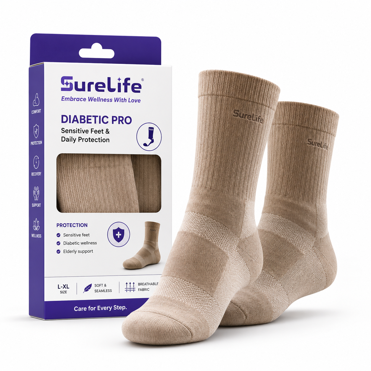 SURELIFE Diabetic Pro Functional Socks for Sensitive & Diabetic Feet (Seamless Toe, Non-Binding)