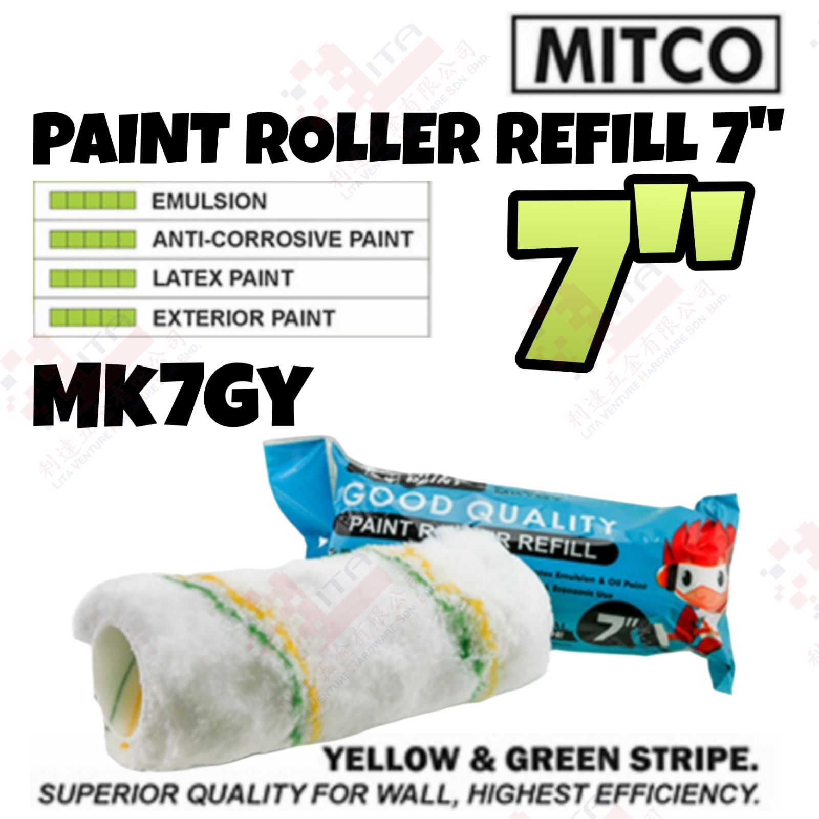 MITCO BRAND 7'' PAINT ROLLER REFILL - MK7GY