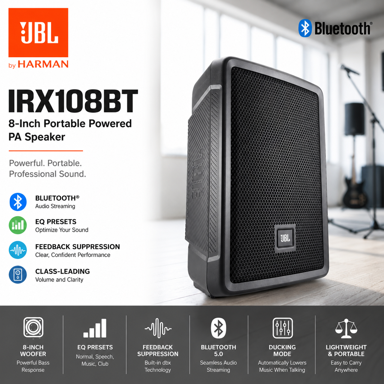 JBL IRX108BT 8-Inch Portable Powered PA Speaker with Bluetooth Audio Streaming, EQ Presets & Feedback Suppression