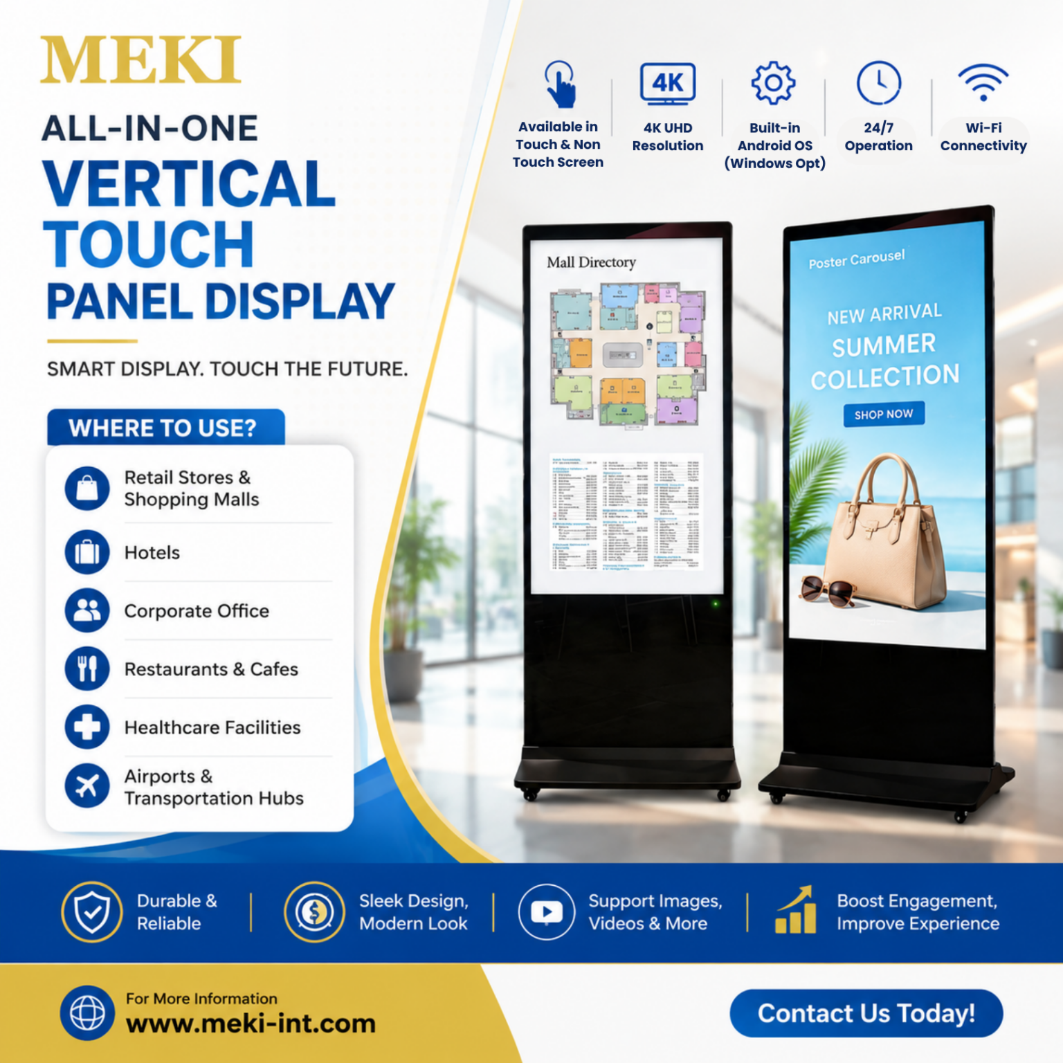 MEKI VERTICAL AIO TOUCH PANEL DISPLAY - 43", 49", 55", 65"INTERACTIVE, SMART, PLUG & PLAY, 20 POINT TOUCH, BULD IN WIFI 6